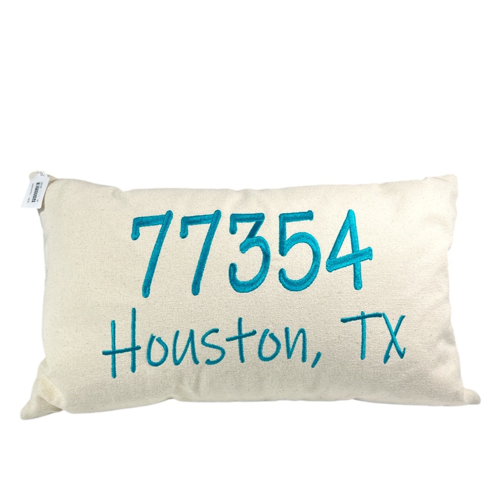 NEW Zip Code 77354 HOUSTON, TX Cream Pillow with Teal Embroidery